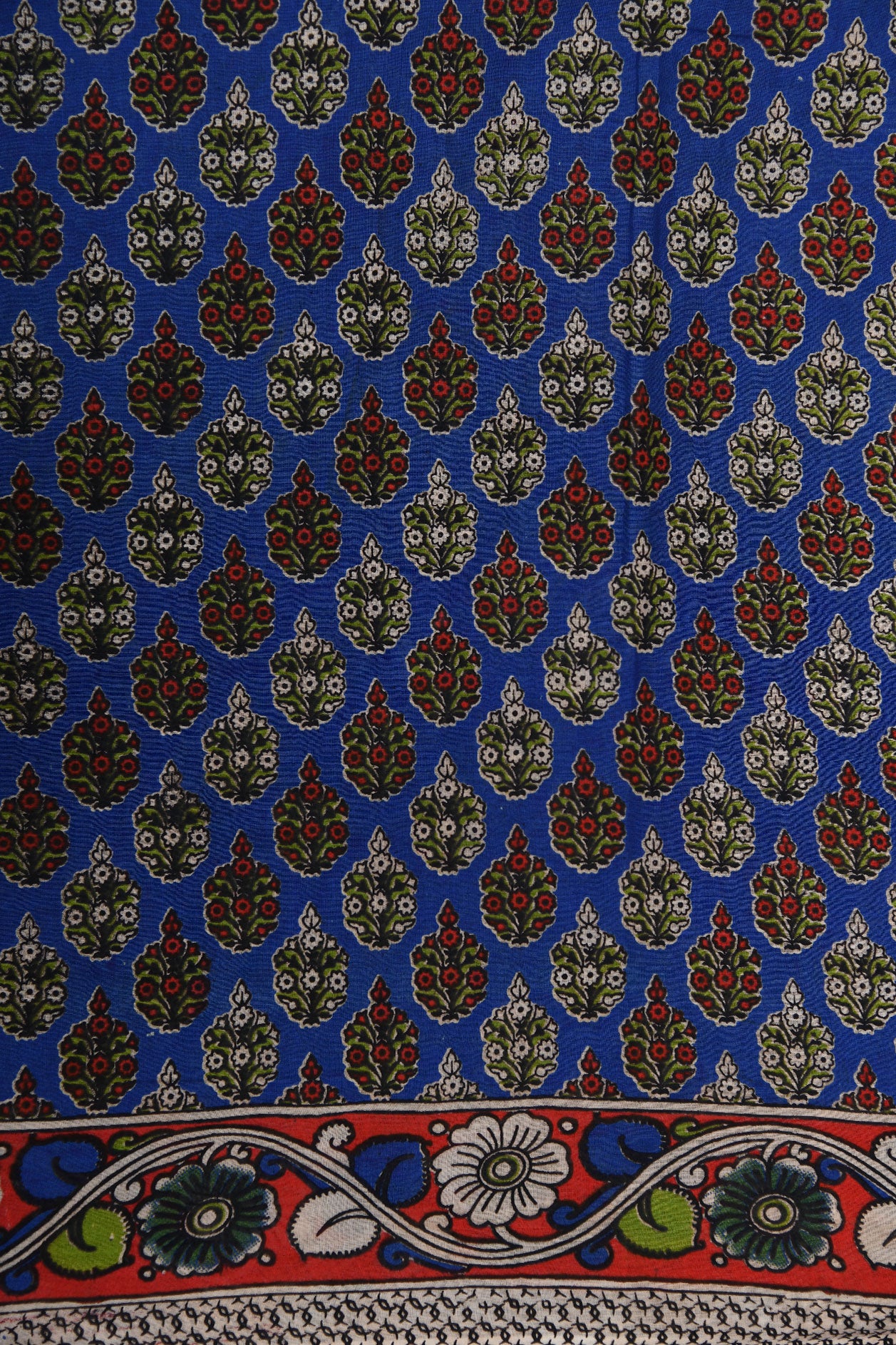 Floral Design Kalamkari Printed Lapis Blue Cotton Saree