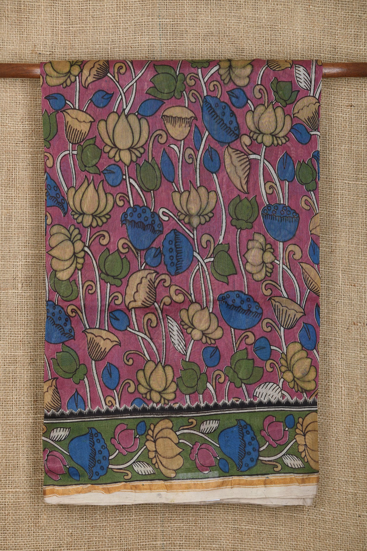 Floral Design Kalamkari Printed Magenta Purple Chanderi Cotton Saree