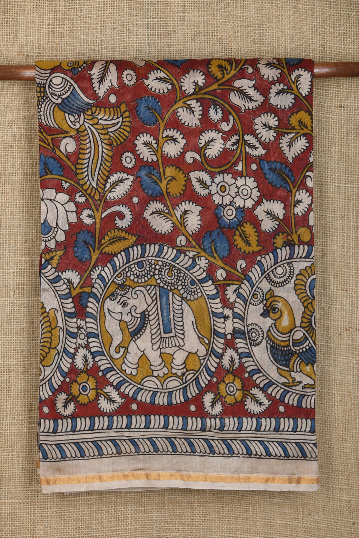 Floral And Peacock Design Kalamkari Printed Maroon Chanderi Cotton Saree