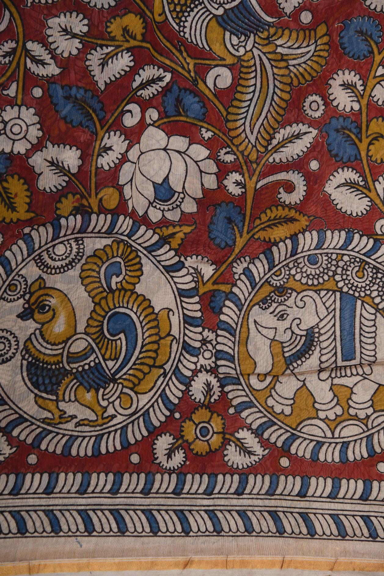Floral And Peacock Design Kalamkari Printed Maroon Chanderi Cotton Saree