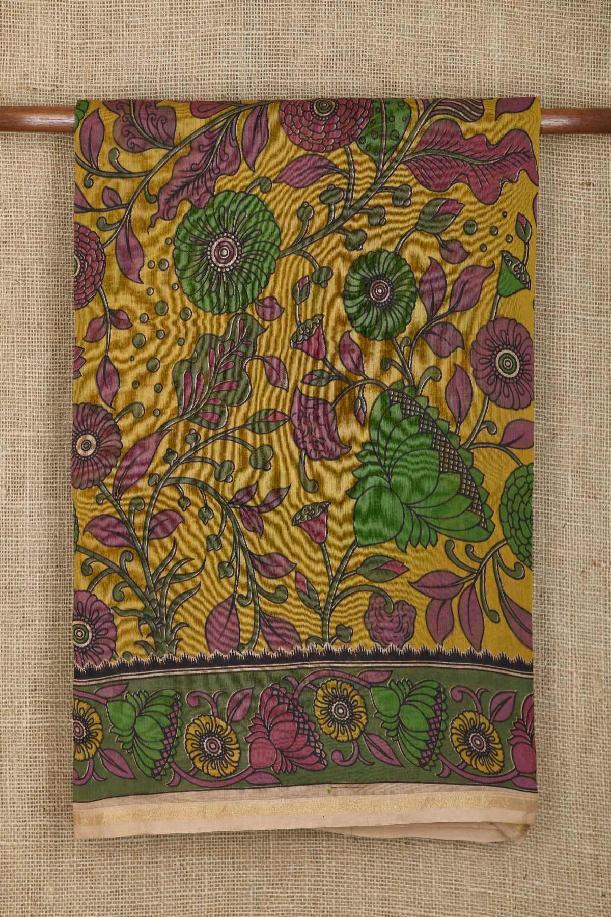 Floral Design Kalamkari Printed Mustard Chanderi Cotton Saree