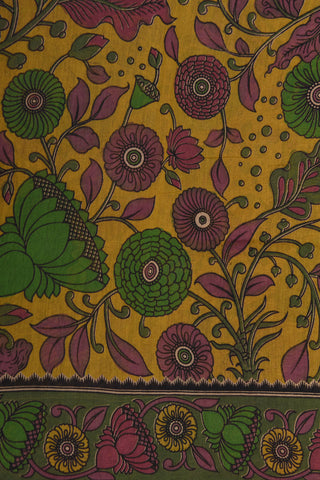 Floral Design Kalamkari Printed Mustard Chanderi Cotton Saree