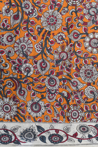 Floral Design Kalamkari Printed Orange Cotton Saree
