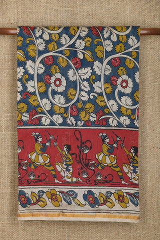 Floral Design Kalamkari Printed Peacock Blue Chanderi Cotton Saree