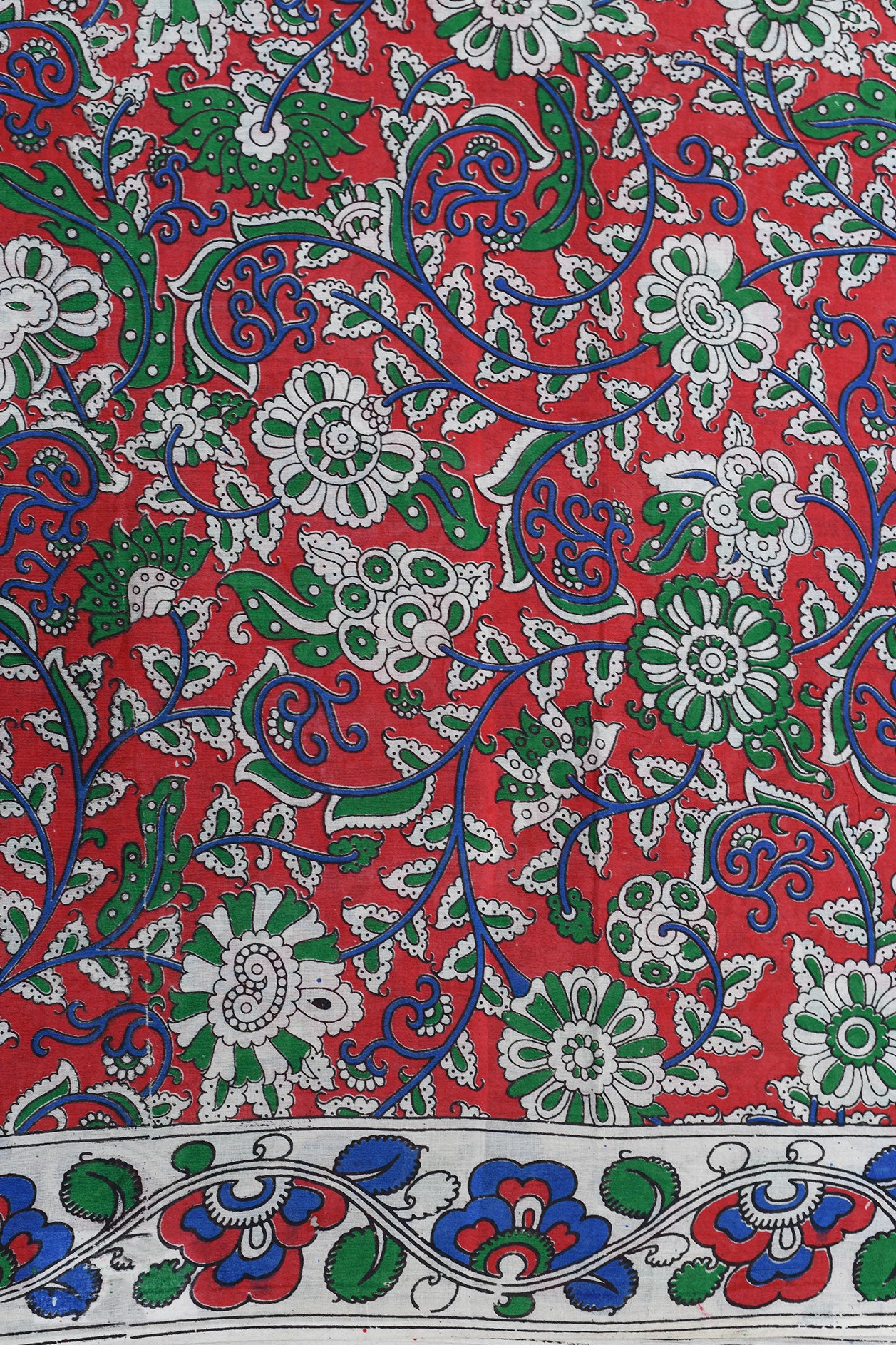 Floral Design Kalamkari Printed Red Cotton Saree