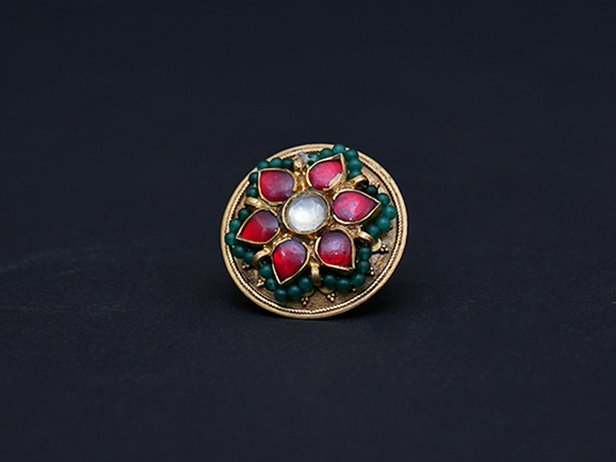 Floral Design Kundan Stones Gold Plated Pure Silver Ring
