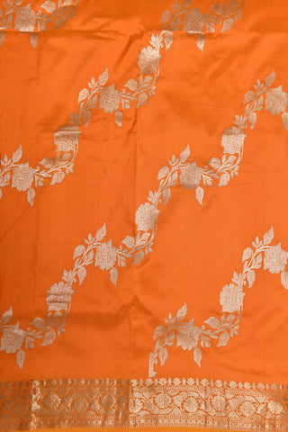 Zari Border Floral Design Orange Banaras Silk Saree