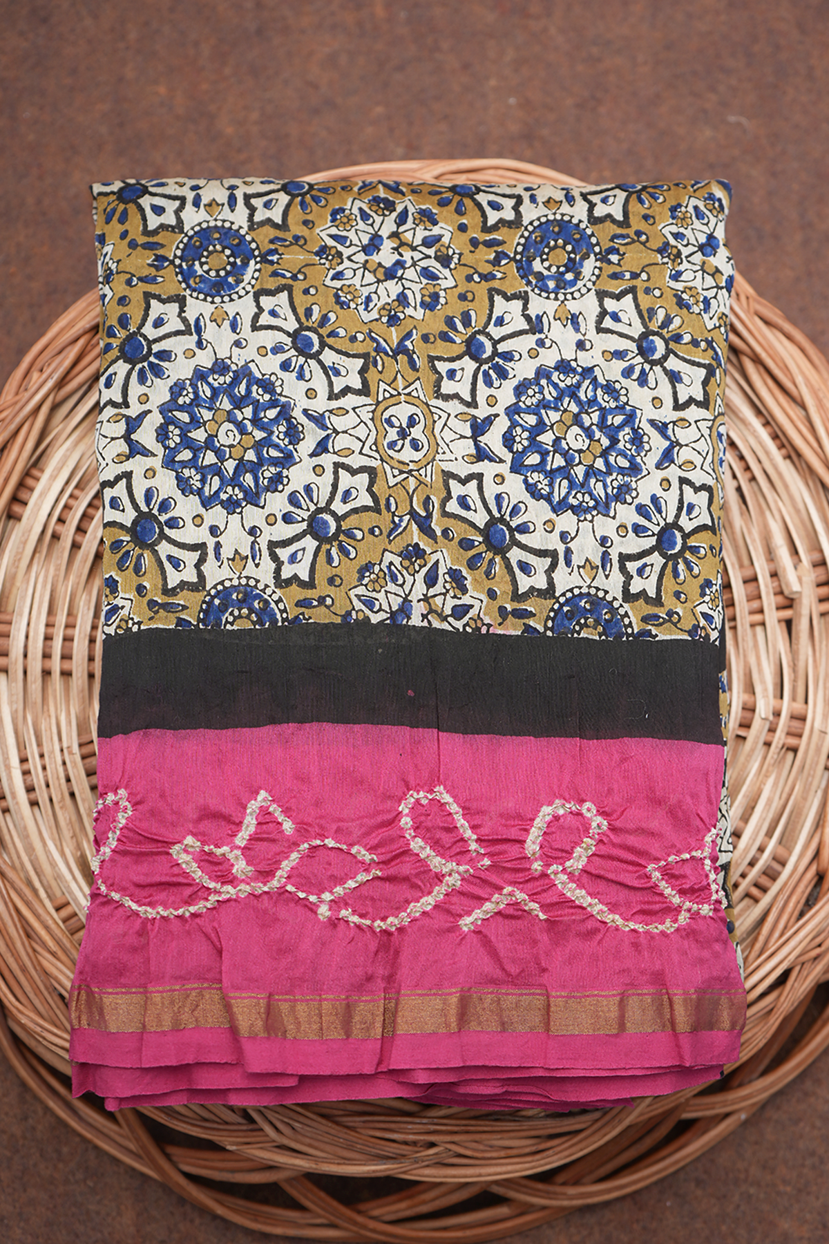 Floral Design Multicolor Ajrakh Printed Bandhani Silk Saree