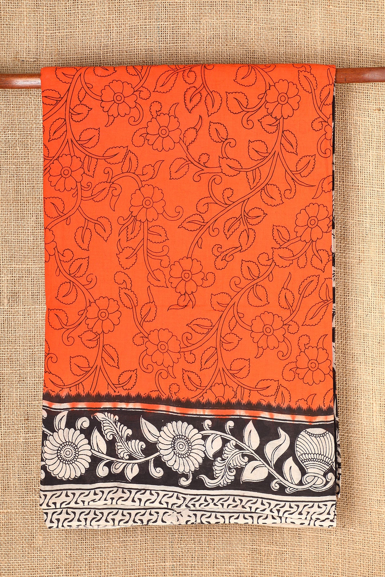 Floral Design Orange Kalamkari Printed Cotton Saree