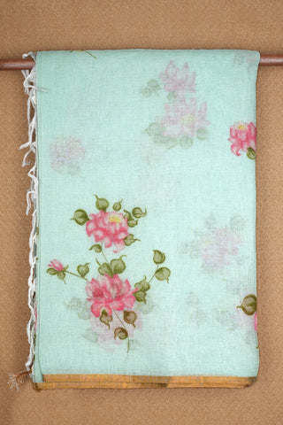 Floral Design Pastel Mint Green Linen Saree