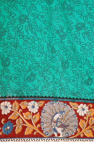 Floral Design Pine Green Kalamkari Printed Cotton Saree