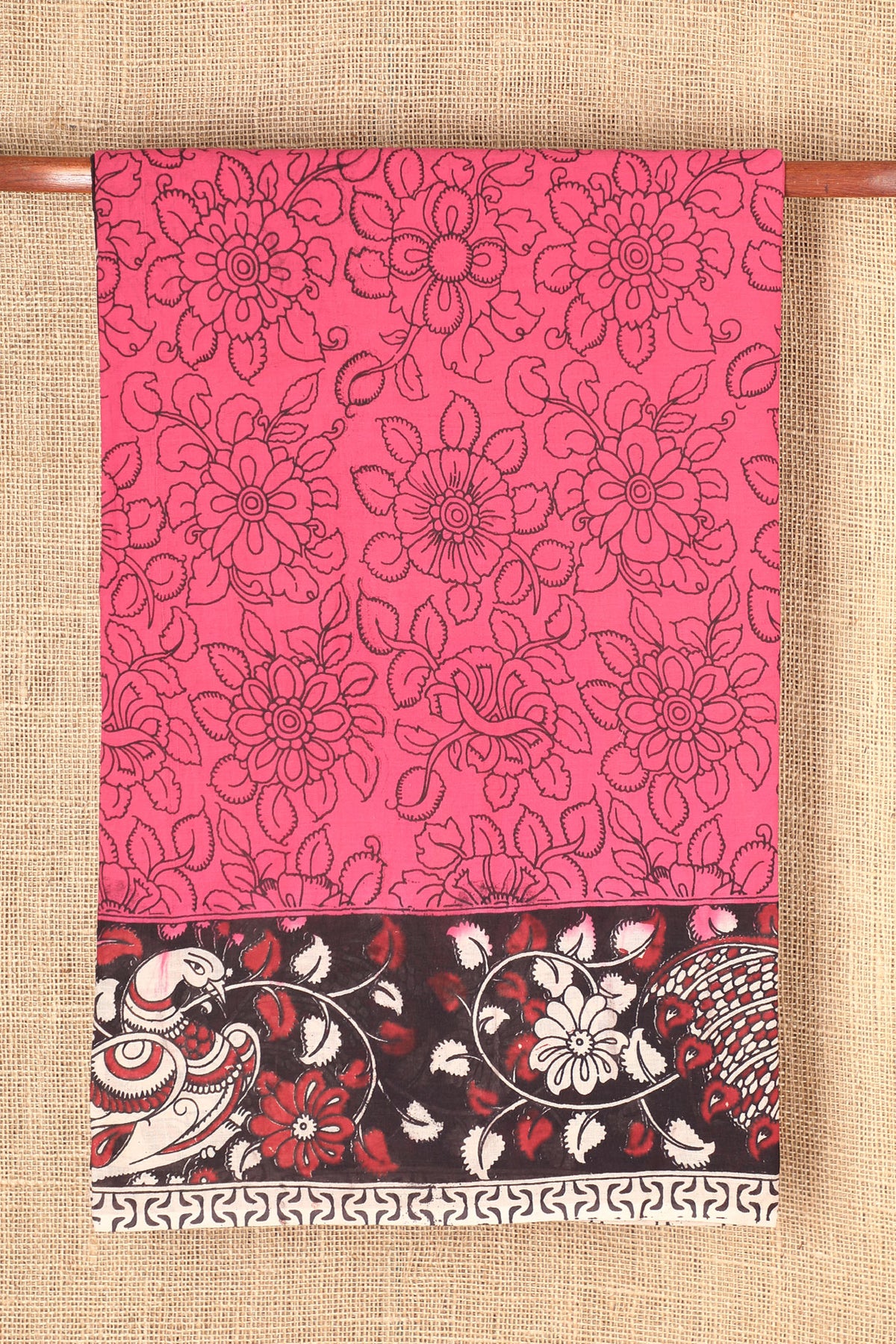 Floral Design Pink Kalamkari Printed Cotton Saree