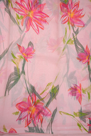 Floral Design Printed Baby Pink Chiffon Saree