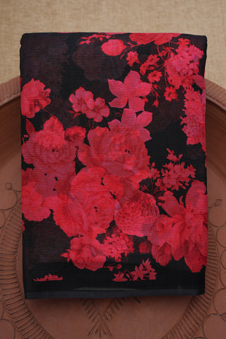 Floral Design Printed Black Chiffon Saree
