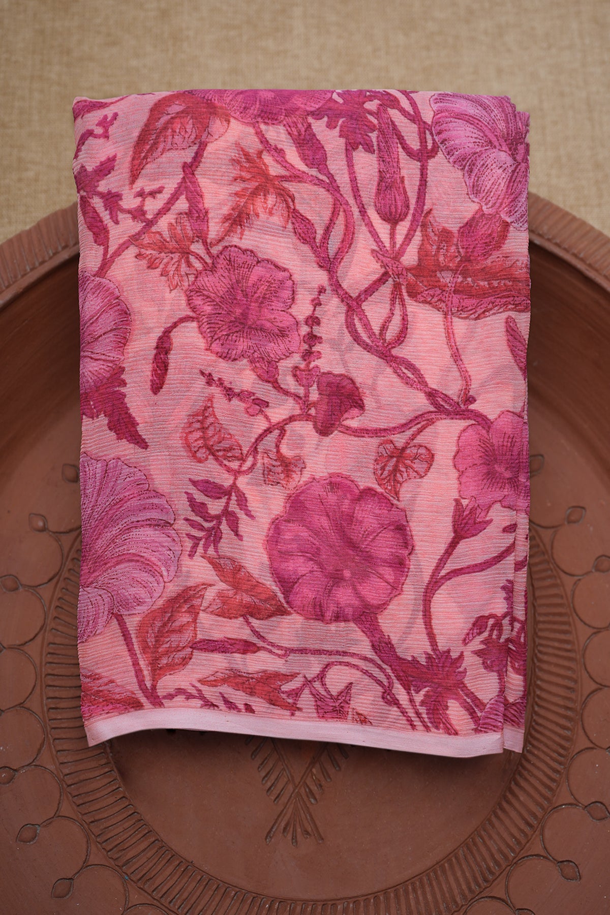 Floral Design Printed Coral Pink Chiffon Saree