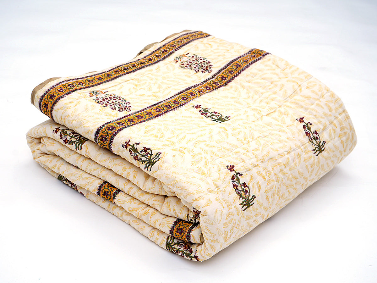 Yellow And Off White Floral Design Cotton Double Quilt