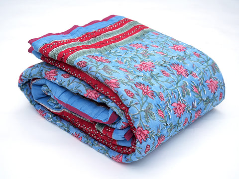Sky Blue Floral Design Cotton Double Quilt