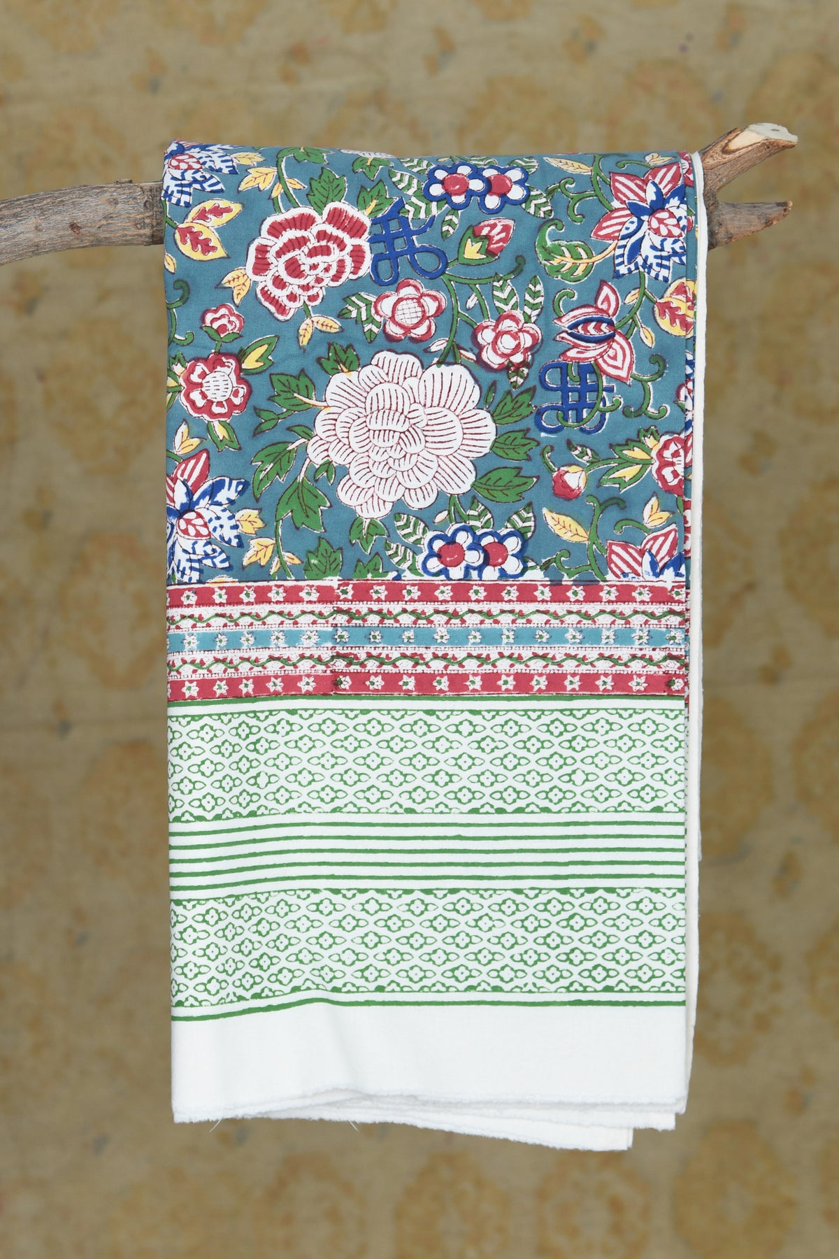 Floral Design Sage Green Printed Cotton Double Bedspread