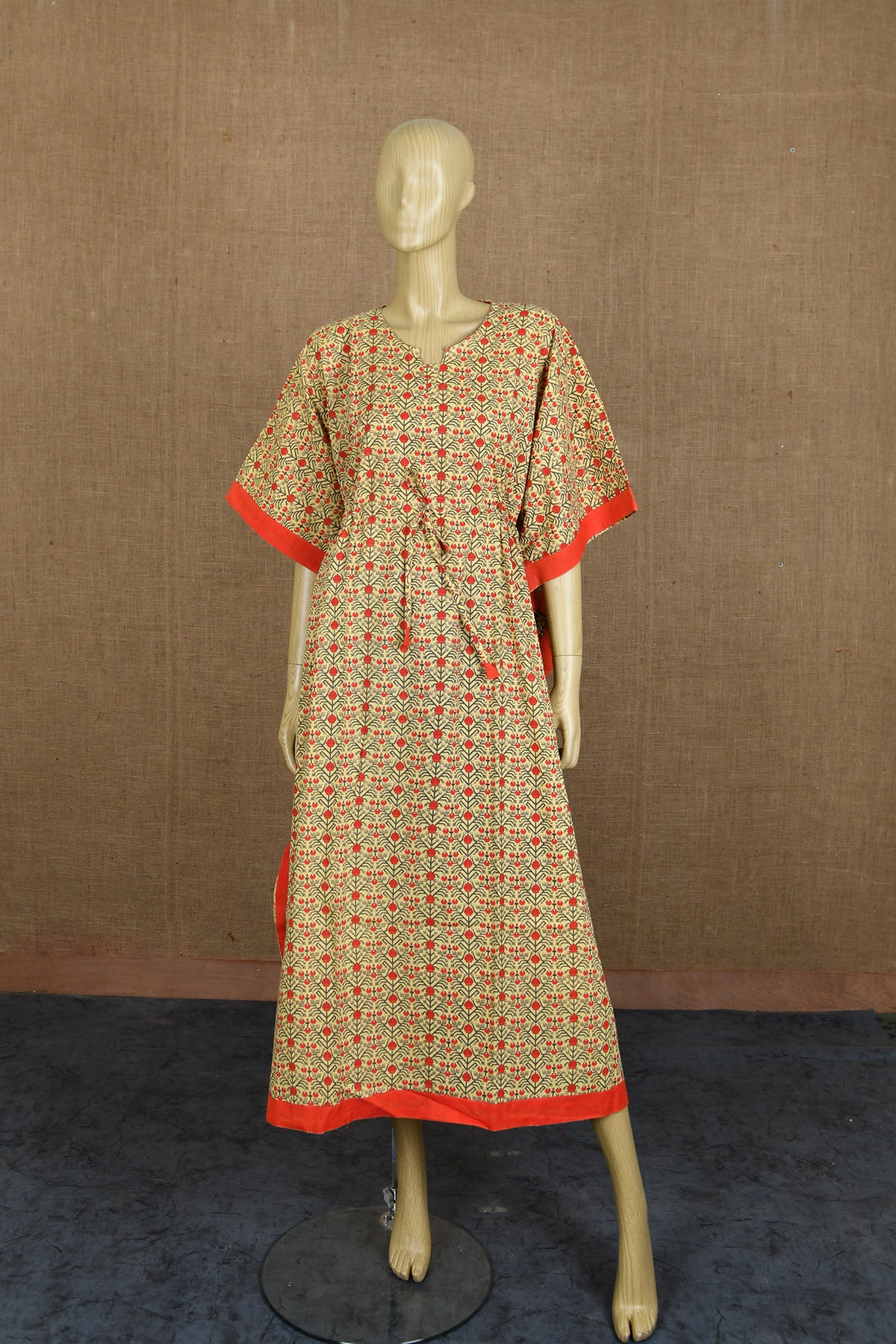 Patch Work U-Neck Floral Design Jaipur Printed With Tie-Up Cream And Red Cotton Kaftans
