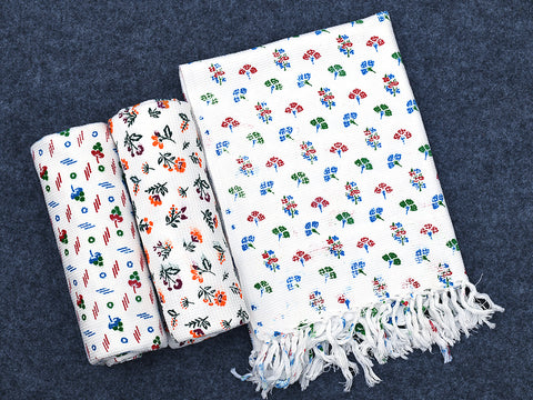 Set Of 3 Floral Design White Cotton Towels