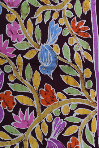 Floral Design With Contrast Border Burgundy Batik Printed Silk Saree