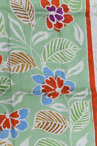 Floral Design With Plain Border Pastel Green Batik Printed Silk Saree
