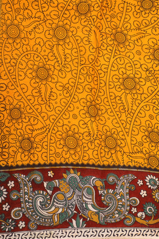 Floral Design Yellow Kalamkari Printed Cotton Saree