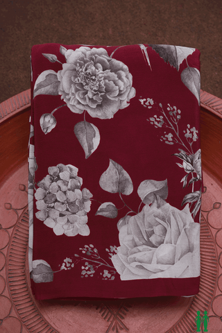 Floral Digital Printed Berry Red Crepe Saree