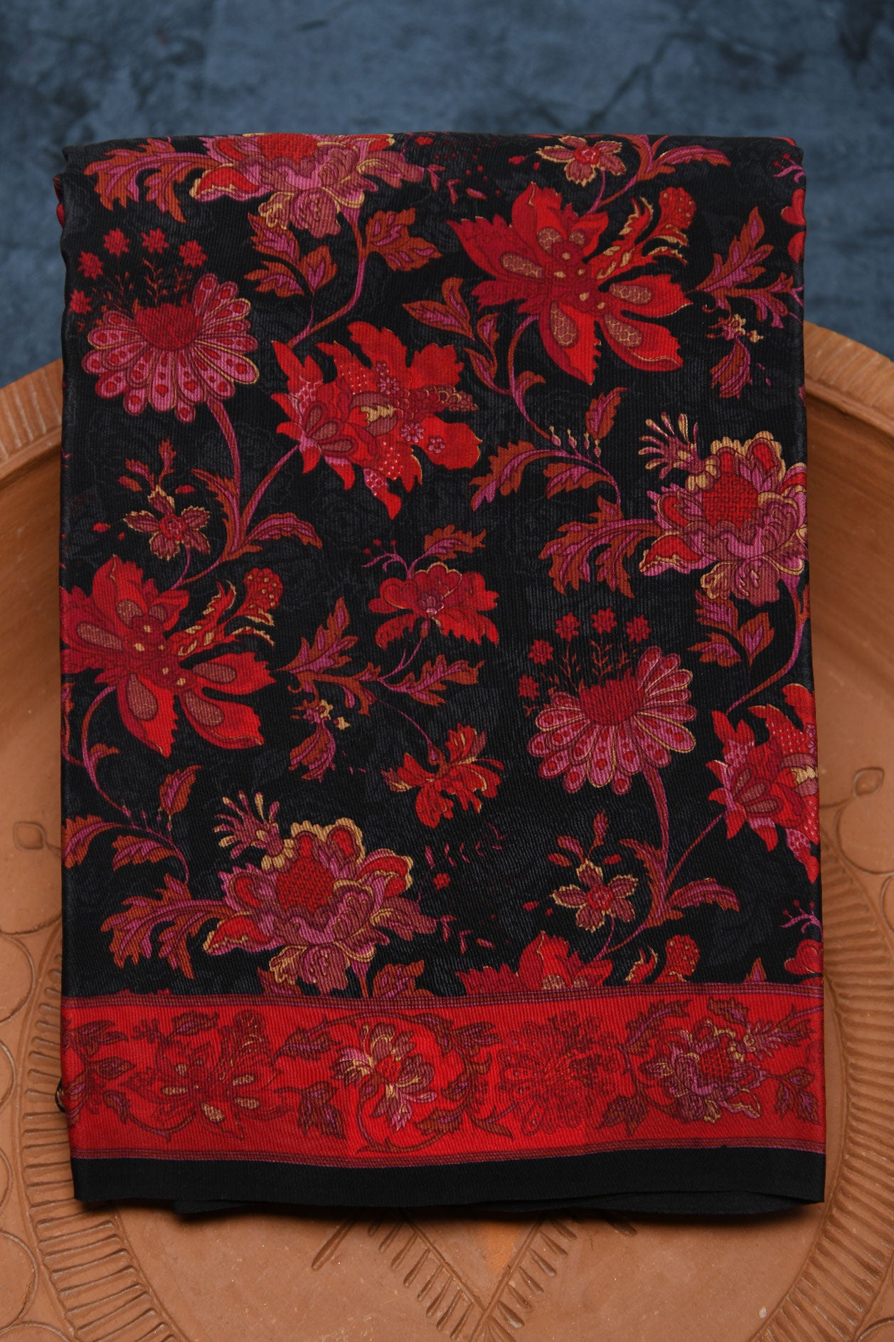 Floral Digital Printed Black And Red Crepe Saree
