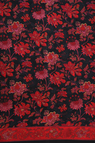 Floral Digital Printed Black And Red Crepe Saree