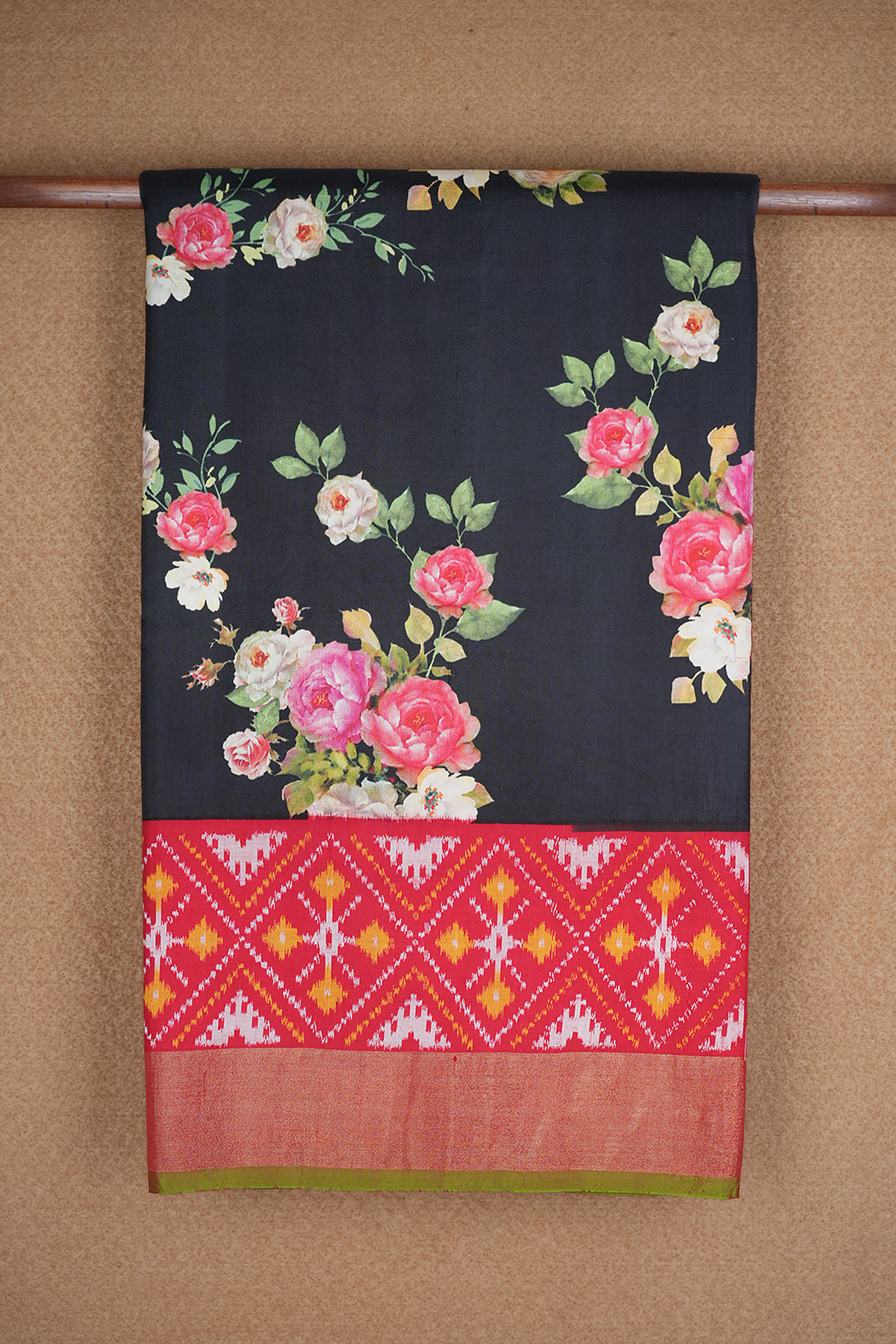 Floral Digital Printed Black Kanchipuram Silk Saree