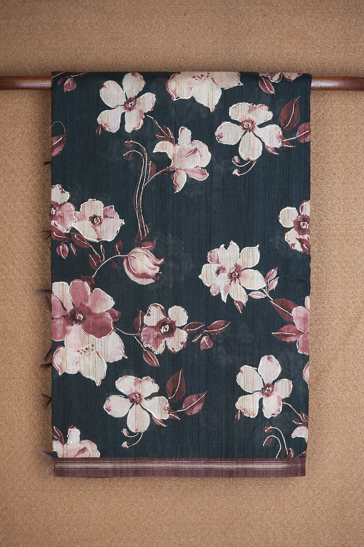 Floral Digital Printed Black Semi Tussar Silk Saree