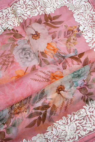 Floral Digital Printed Blush Pink Organza Silk Saree