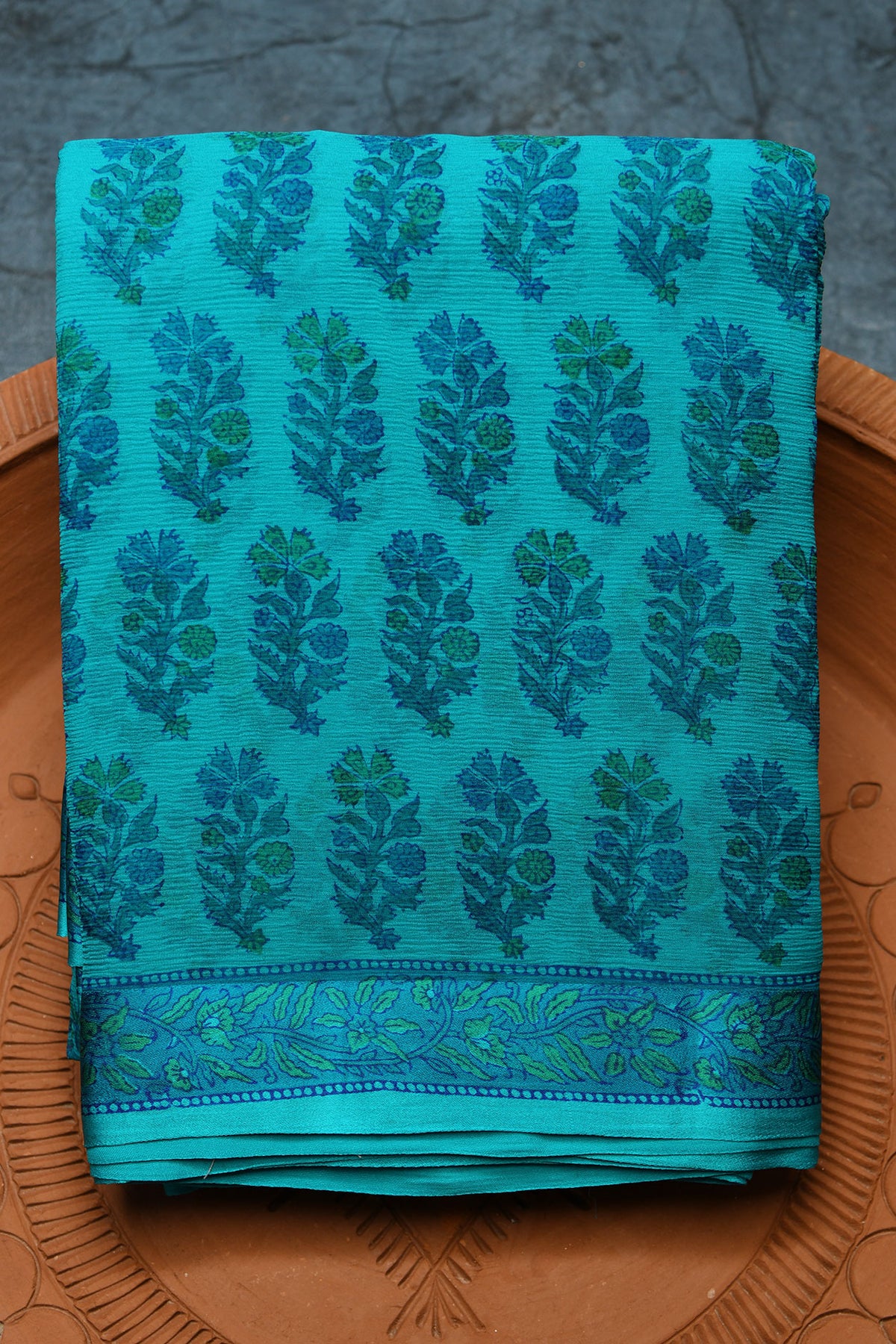 Floral Digital Printed Cerulean Blue Chiffon Saree