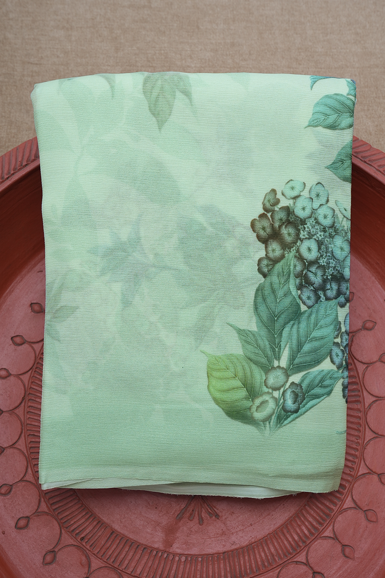 Floral Digital Printed Cream Green Chiffon Saree