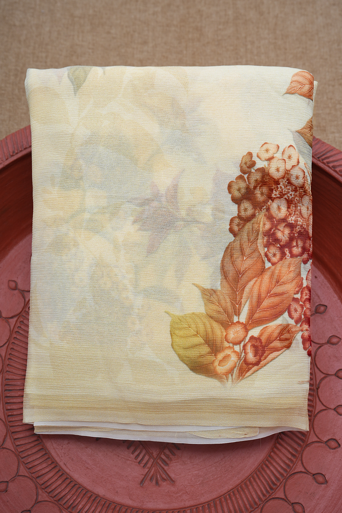 Floral Digital Printed Cream Yellow Chiffon Saree