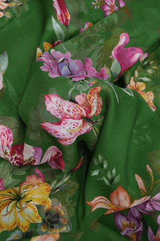 Floral Digital Printed Dark Fern Green Chiffon Saree