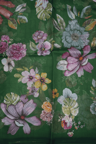Floral Digital Printed Dark Fern Green Organza Silk Saree
