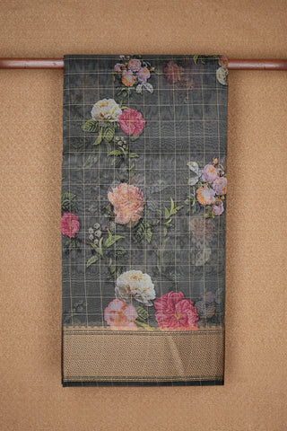 Floral Digital Printed Dark Grey Organza Saree