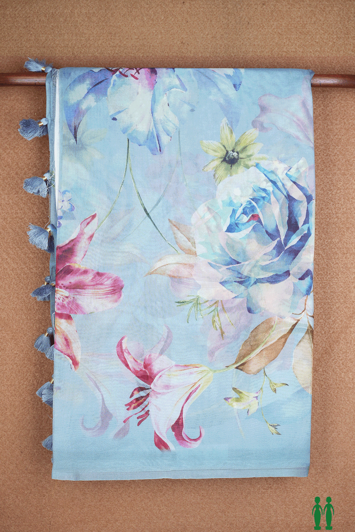 Floral Digital Printed Dusty Blue Organza Silk Saree