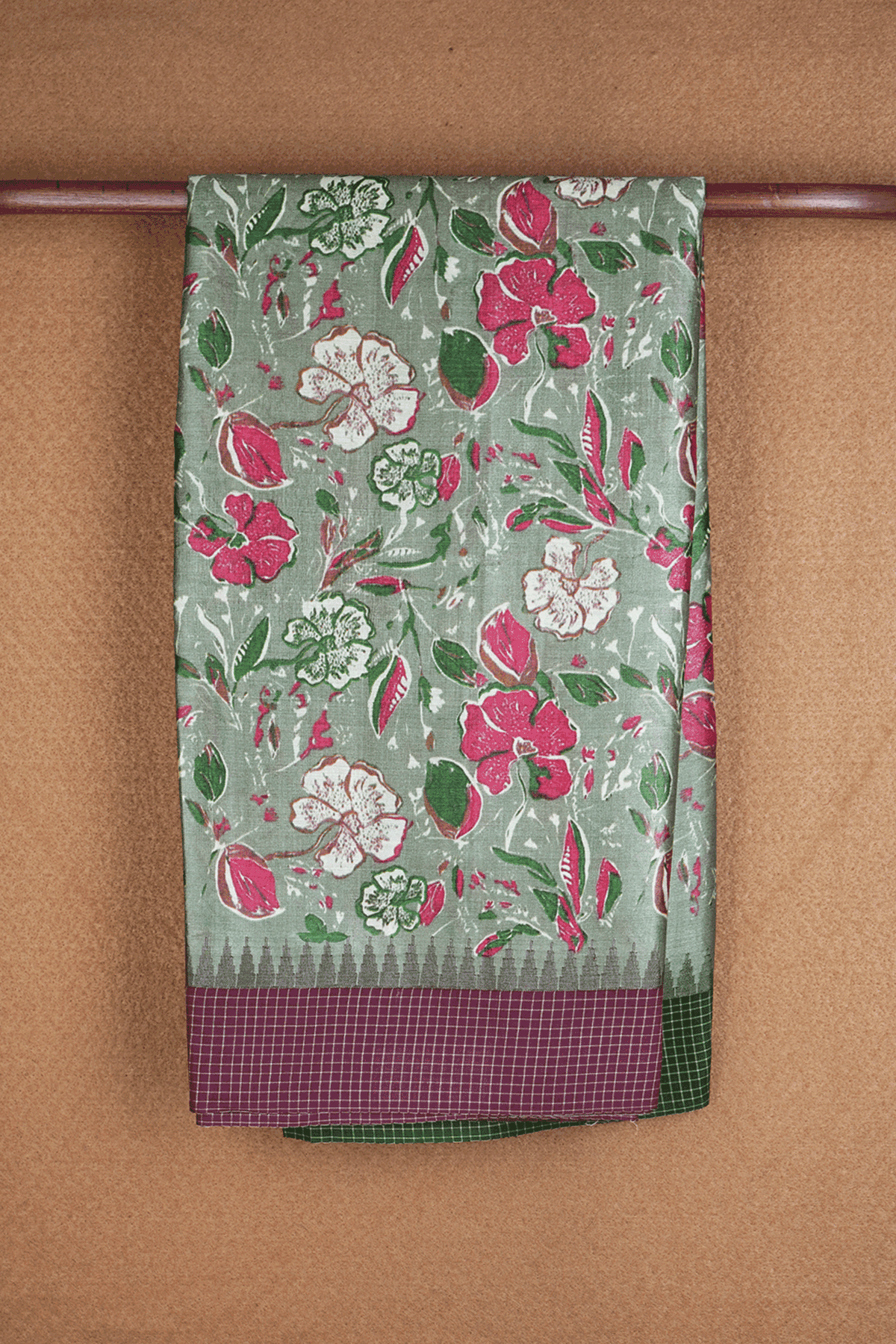 Floral Digital Printed Dusty Green Tussar Silk Saree