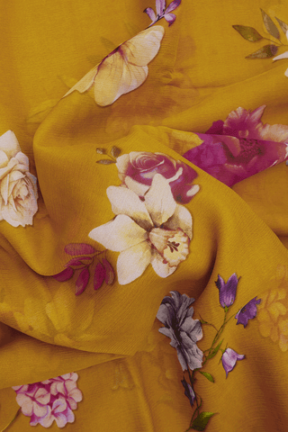 Floral Digital Printed Golden Yellow Chiffon Saree