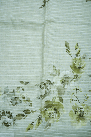 Floral Digital Printed Green Beige Linen Saree
