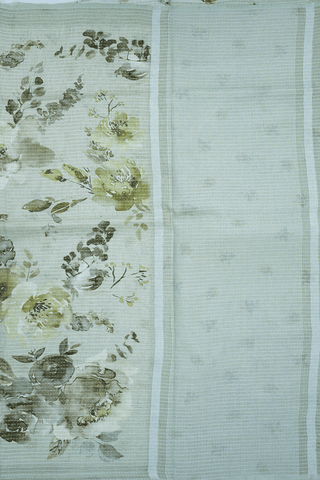 Floral Digital Printed Green Beige Linen Saree