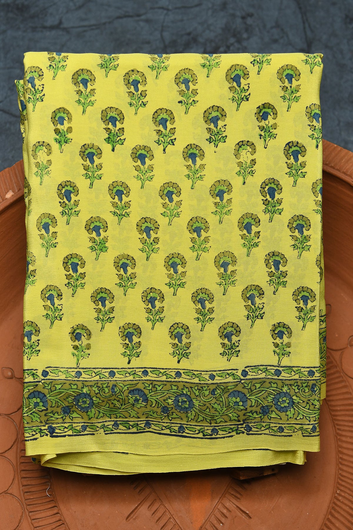 Floral Digital Printed Greenish Yellow Crepe Silk Saree