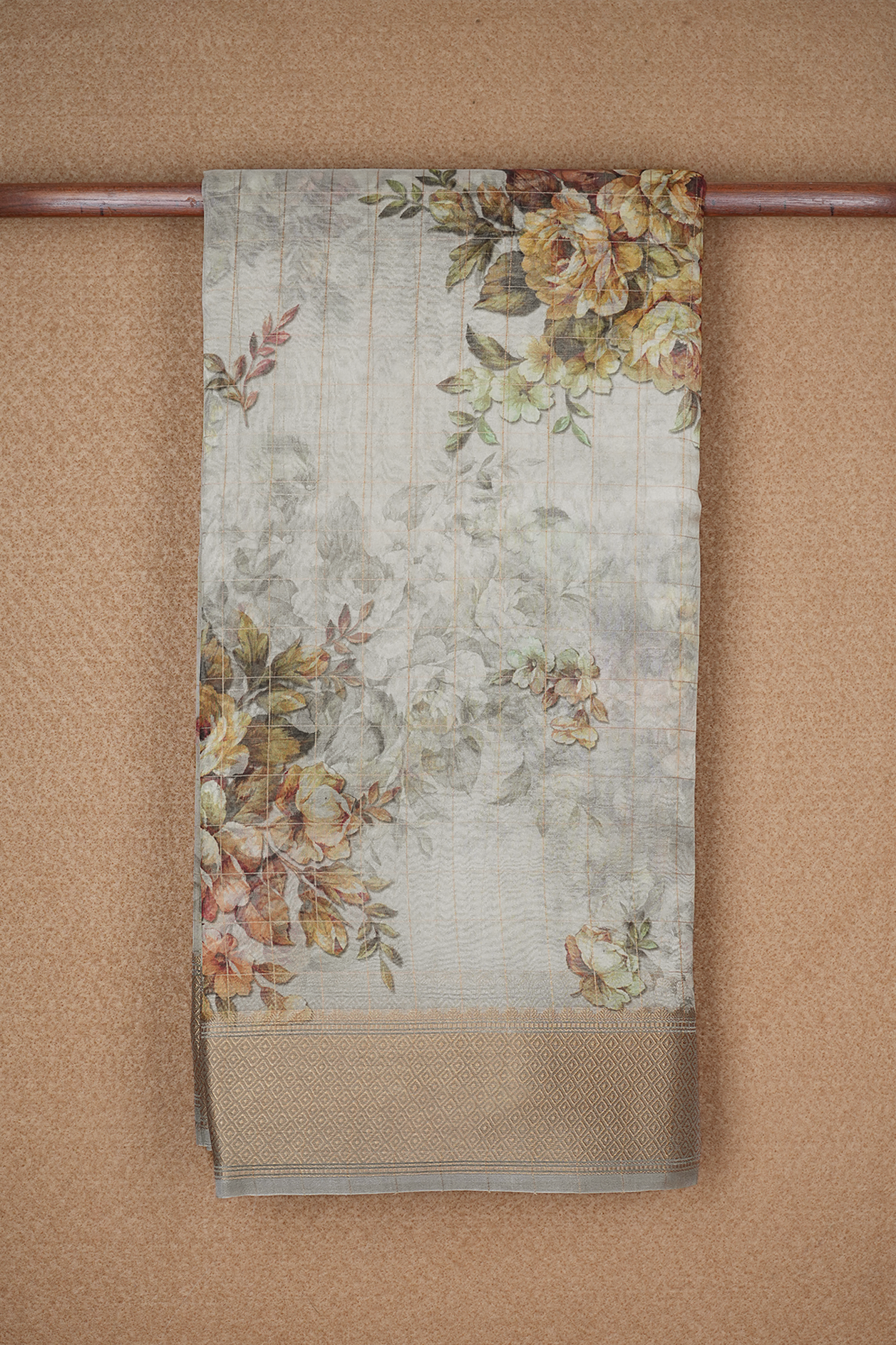 Floral Digital Printed Grey Organza Saree