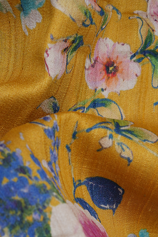 Floral Printed Honey Yellow Tussar Banarasi Silk Saree
