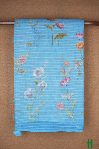 Floral Digital Printed Light Blue Linen Saree