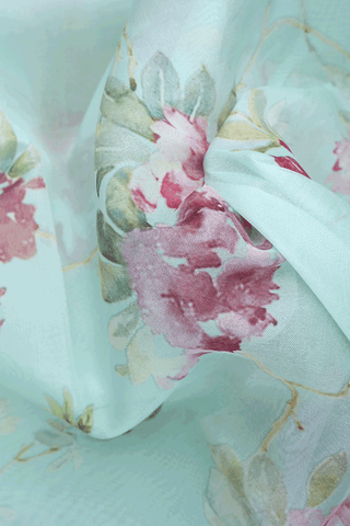 Floral Digital Printed Mint Blue Organza Silk Saree