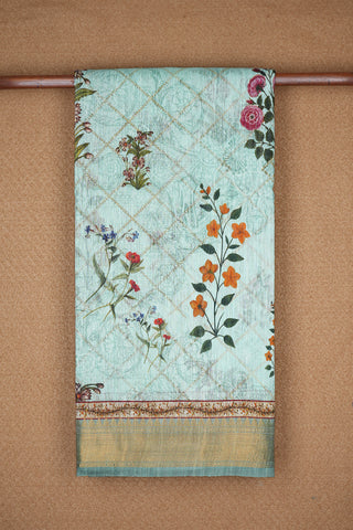 Floral And Leaf Digital Printed Mint Green Linen Saree